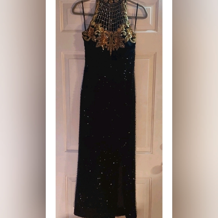 Ted Lapidusblack And Gold Strapless High Neck All Over Beaded Evening Gown Dress